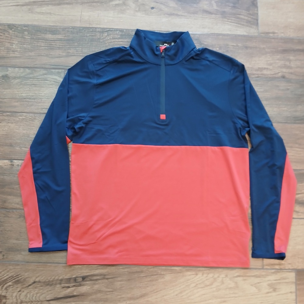 RLX Ralph Lauren Pullover Mens‎ Large Navy Color Block Gold Performance Stretch